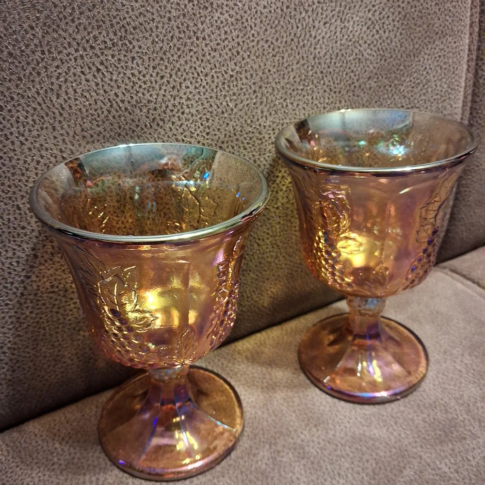 1970s Indiana Glass Iridescent Amber Grape Pattern Goblets